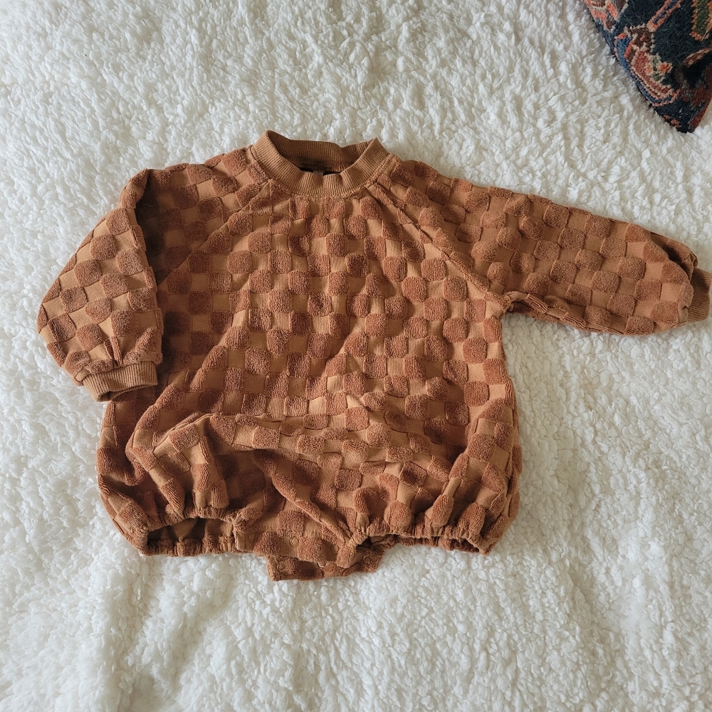 Rylee + Cru Rust Checkerboard Terry Long Sleeve Bubble Romper